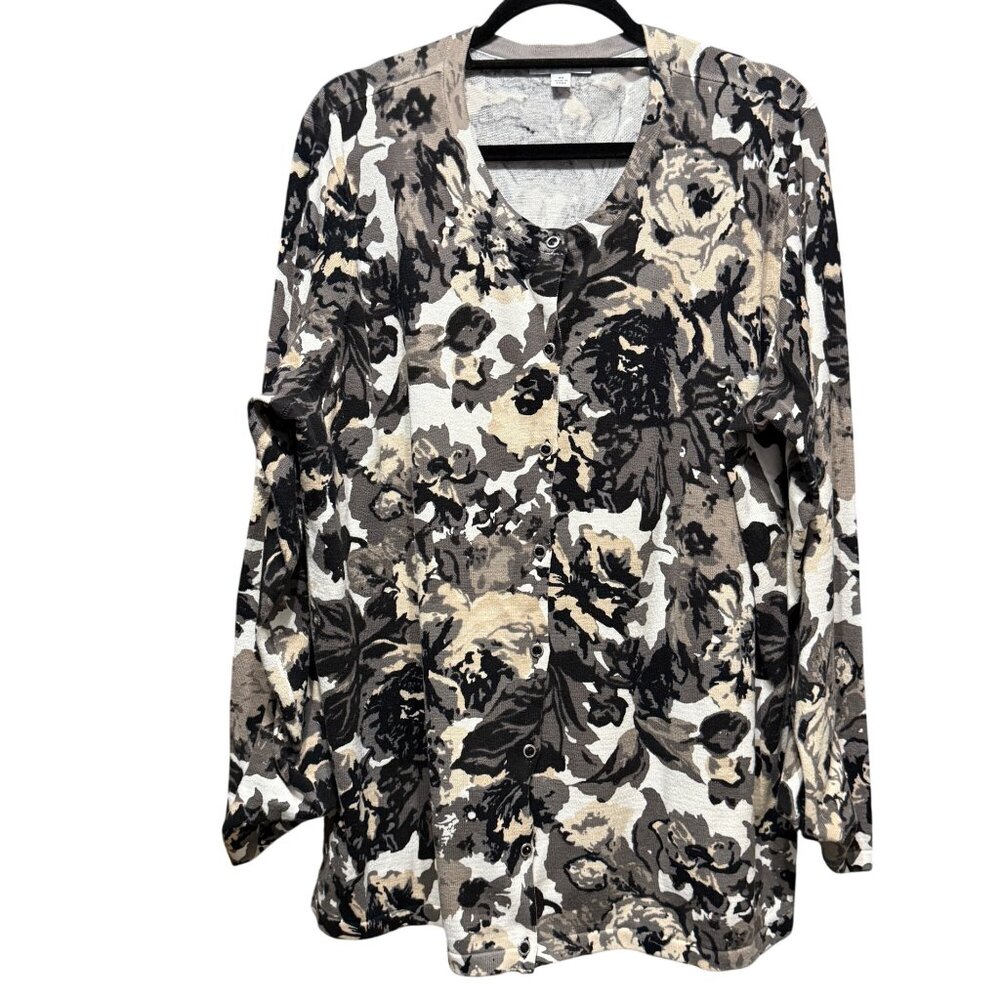 Isaac Mizrahi Live! Womens 3X Floral Print Long Sleeve Cardigan Neutral Tones
